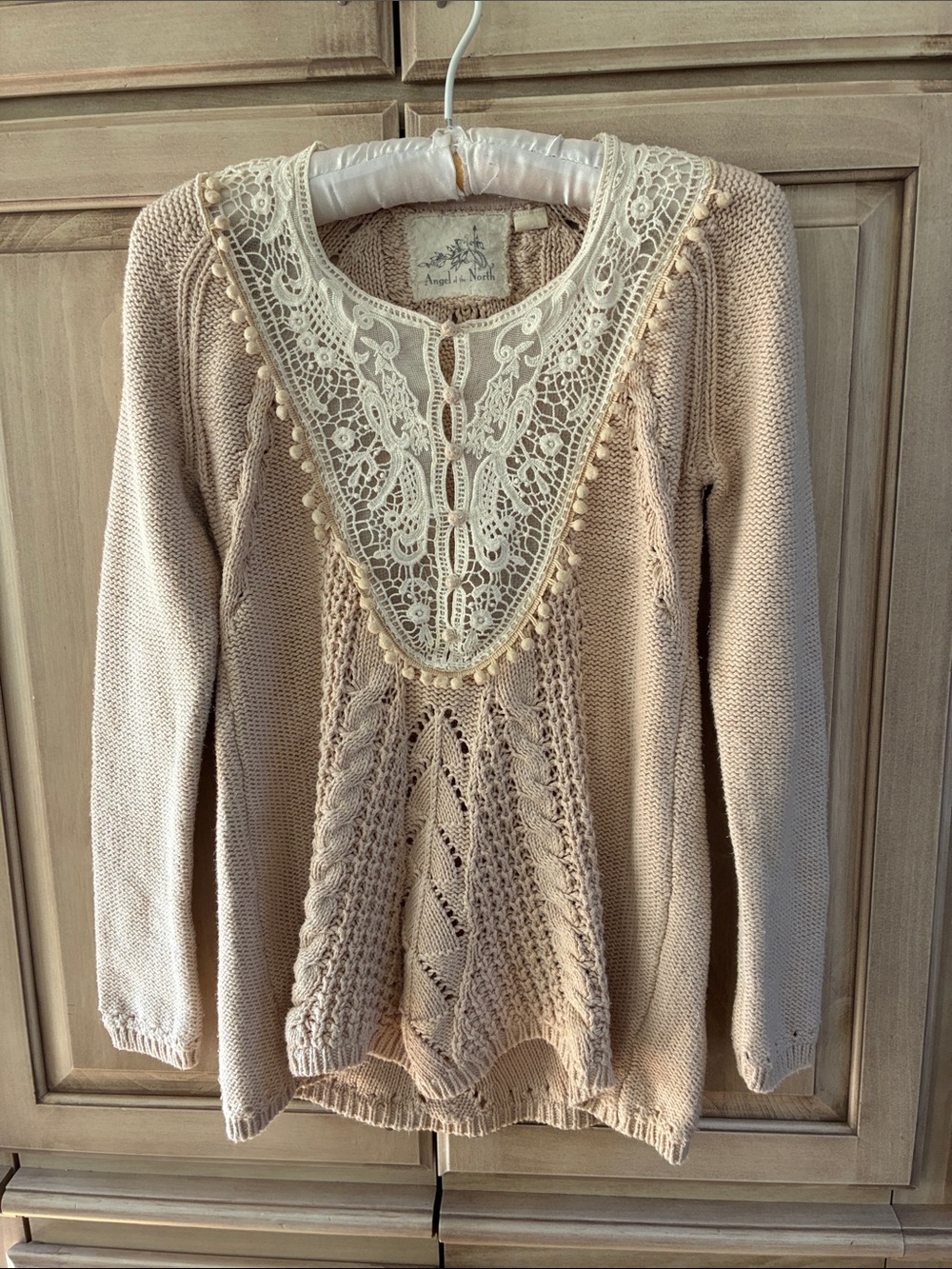 Angel Of The North Beige Lace-Trim Scoop Cable Knit Sweater